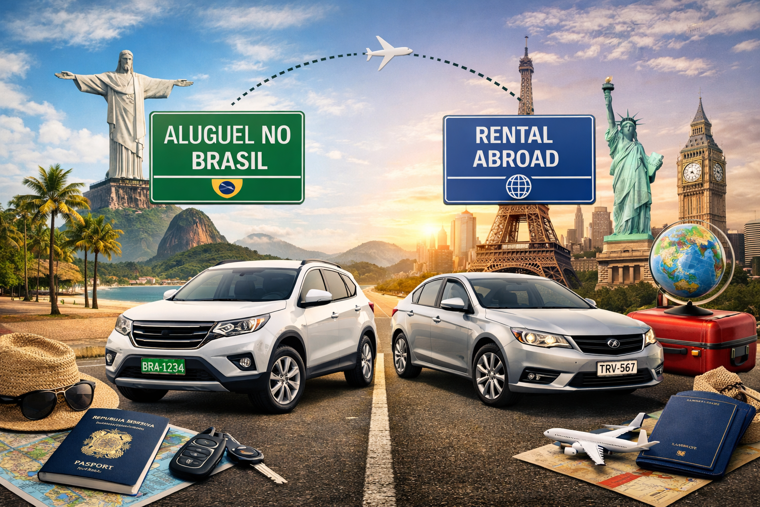 Imagem editorial em IA comparando aluguel de carro no Brasil e rental abroad
